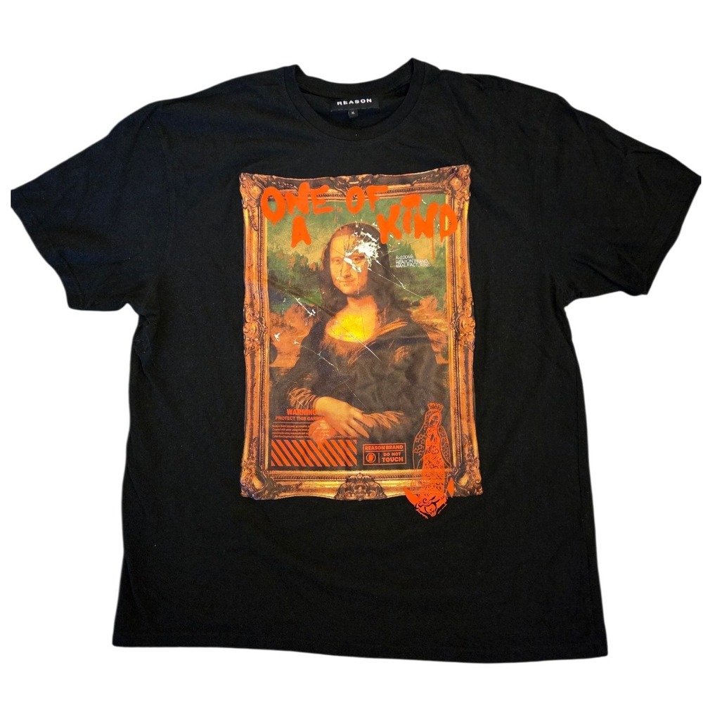 Reason Brand Mens XL Black Mona Lisa Graphic Tee One of a Kind Streetwear Shirt